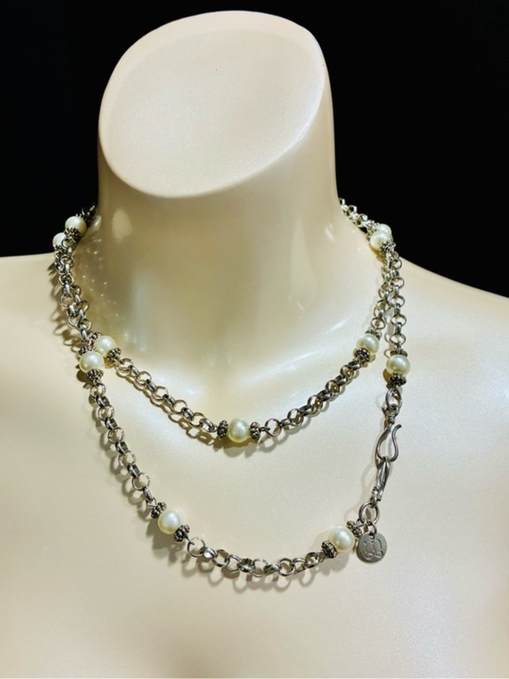 Elegant Long Pearl Station Necklace - Cream Beads on Silver Chain